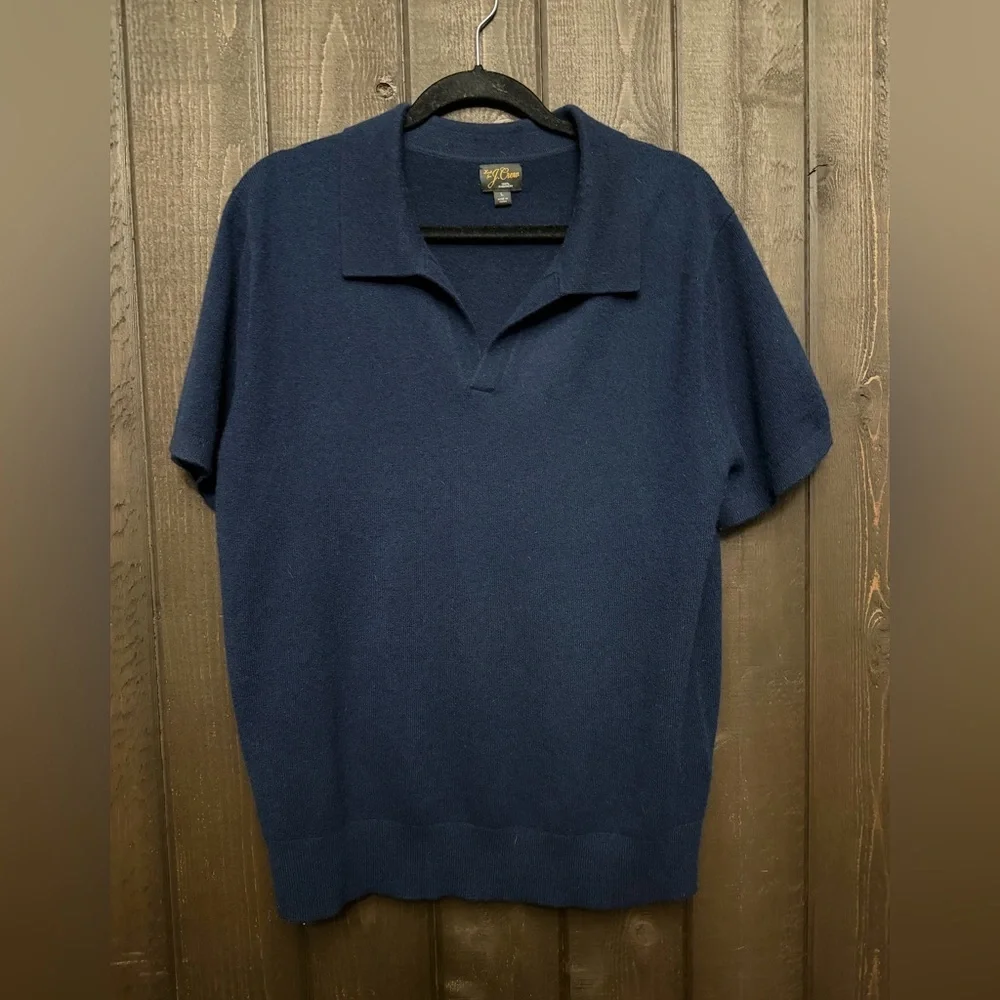 J.Crew 100% Cashmere Short Sleeve V-Neck Collar Sweater Polo Navy Men Sz LG EUC